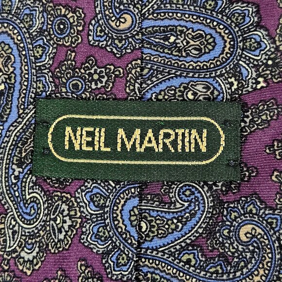 Neil Martin Paisley Mens Tie Italian Silk Made in USA Necktie Dark Purple Blue - Picture 3 of 11